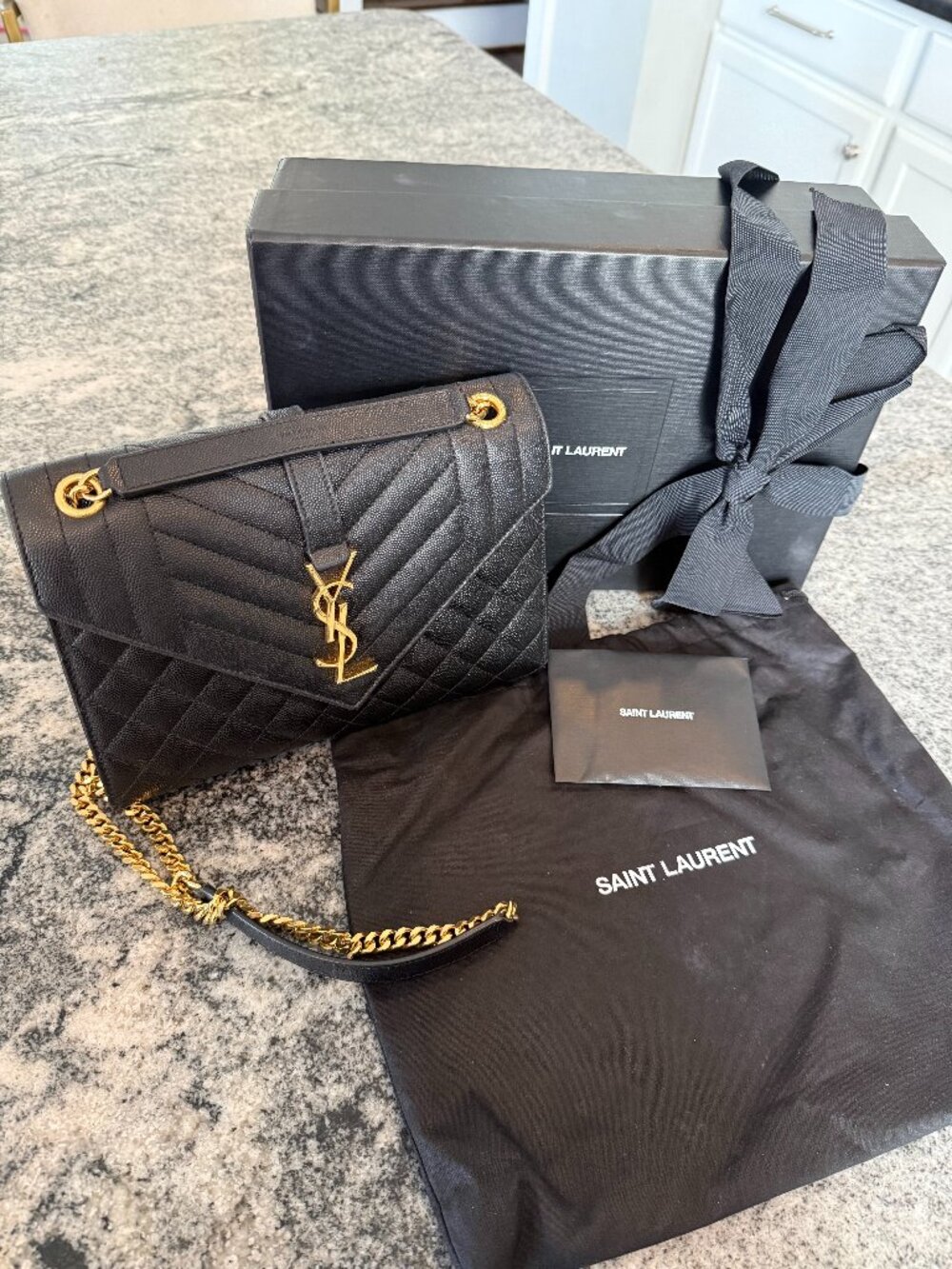 Saint Laurent YSL Medium Envelope Bag Black Grain de Poudre Leather